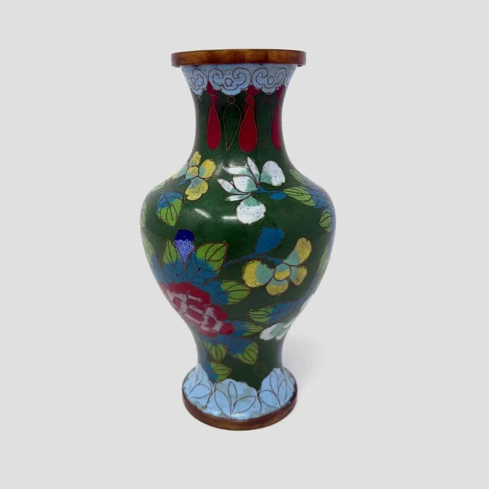 Antique Chinese Cloisonne Enamel Green Floral Vase Republic Period 1890s 1920s